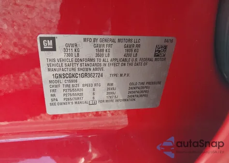 2016 Chevrolet Suburban Ls from USA, damaged, VIN 1GNSCGKC1GR362724